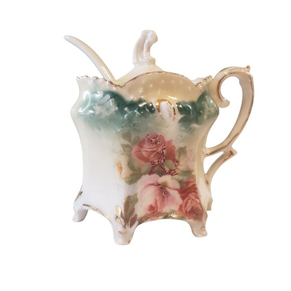 Antique Prussia China Small Pot Lid Spoon Prussian Sugar Bowl Jam Pot Gold Trim - Picture 1 of 6